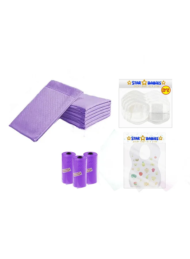 ستار بيبيز Baby Combo Essentials - Changing Mat 6 Pieces, Bibs 5 Pieces, Scented Bag 3 Pieces, Breast Pad 5 Pieces, Lavender